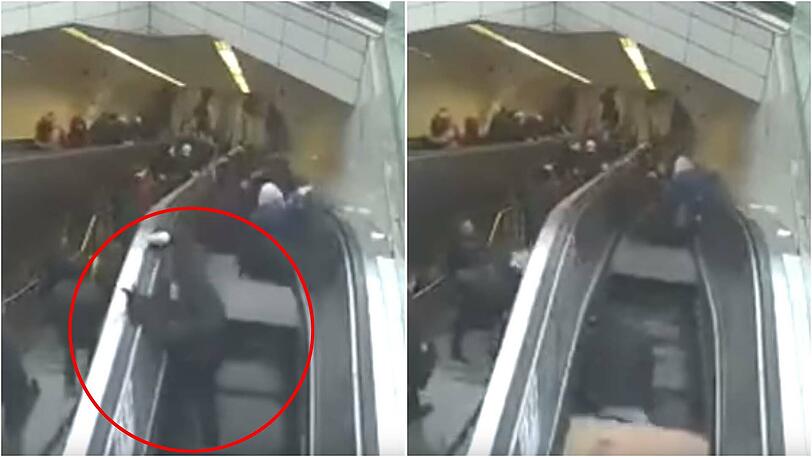 Das linke Bild zeigt, wie der Mann noch versucht, sich nach oben zu ziehen. Rechts ist es schon zu spät: Die Rolltreppe hat ihn verschluckt.