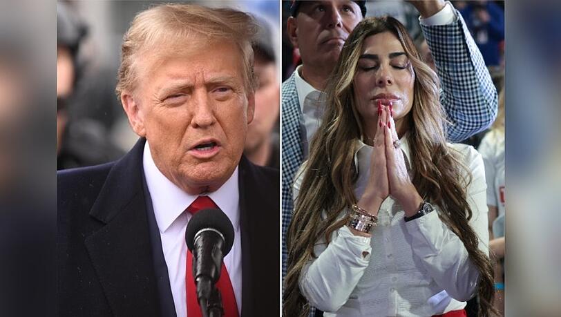Ex-"Real Housewives  of New Jersey"-Star Siggy Flicker hört mit geschlossenen Augen zu, als Donald Trump während einer Kundgebung an der Coastal Carolina University am 10. Februar 2024 in Conway, South Carolina, spricht.