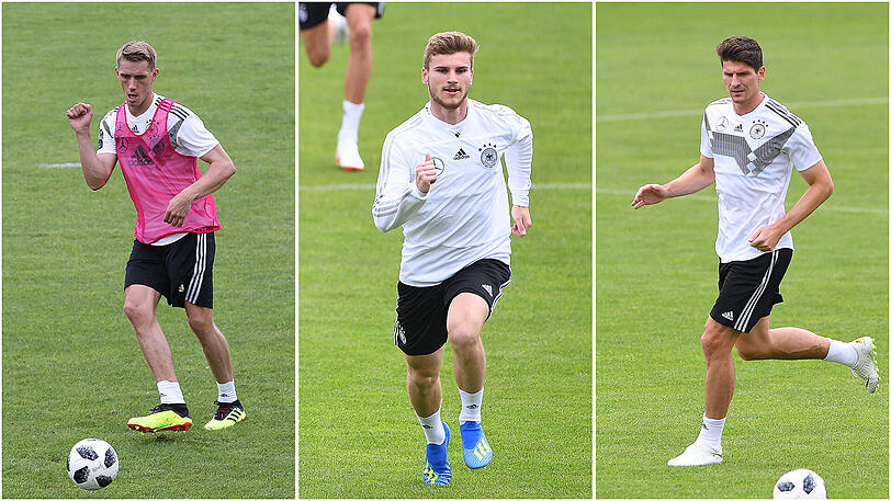 Die Angreifer im vorläufigen WM-Aufgebot der deutschen Nationalmannschaft: Nils Petersen (l.), Timo Werner (m.) und Mario Gomez.