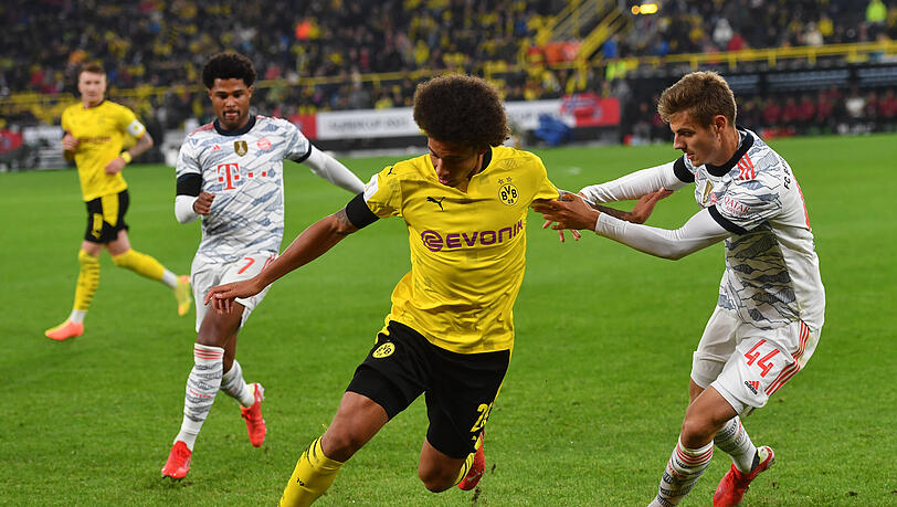 Duell im Supercup-Finale: Bayern-Abwehrspieler Josip Stanisic (rechts) im Zweikampf mit dem Dortmunder Axel Witsel. Duell im Supercup-Finale: Bayern-Abwehrspieler Josip Stanisic (rechts) im Zweikampf mit dem Dortmunder Axel Witsel.