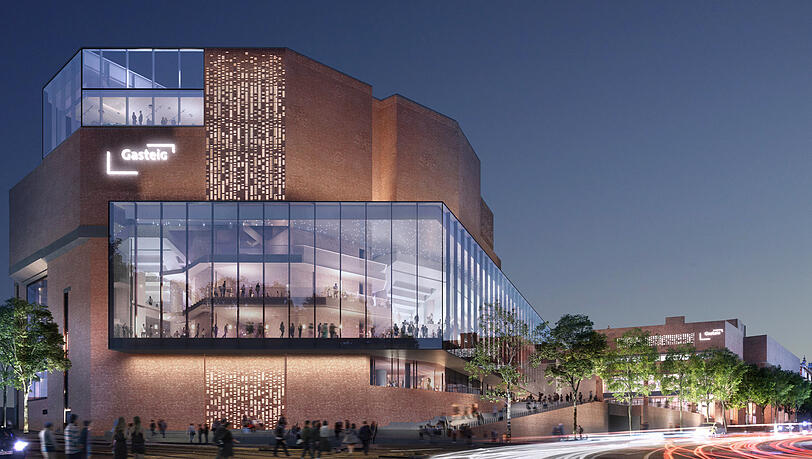 Blick auf die Fassade des neuen Gasteig mit der verbindenden Kulturbrücke. Blick auf die Fassade des neuen Gasteig mit der verbindenden Kulturbrücke.