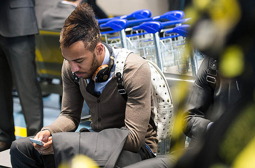Auf dem Weg zum Zwischenrunden-Rückspiel in der Europa League beim FC Porto: Borussia Dortmunds Pierre-Emerick Aubameyang.