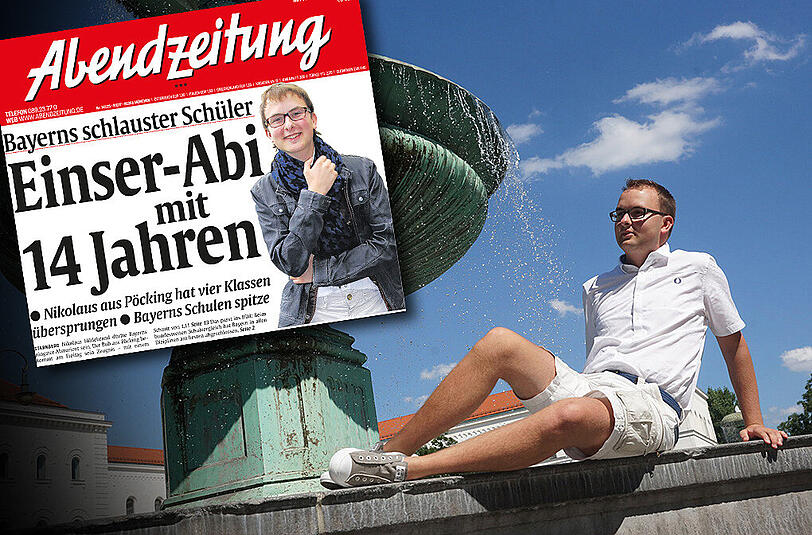 Links: So berichtete die Abendzeitung im Juni 2010 über Nikolaus Hildebrand (rechts am  Brunnen am Geschwister-Scholl-Platz). Inzwischen lebt und arbeitet der Teenager in den USA.