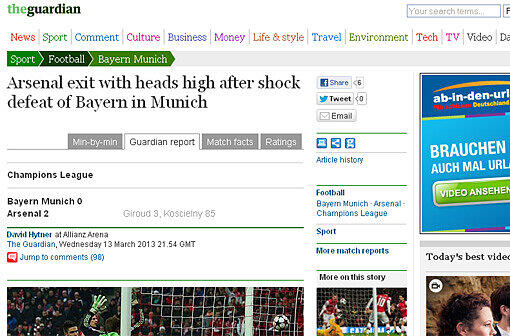 Der Guardian schreibt: "Arsenal fliegt nach einem Schock-Sieg gegen Bayern in München mit erhobenen Köpfen raus."