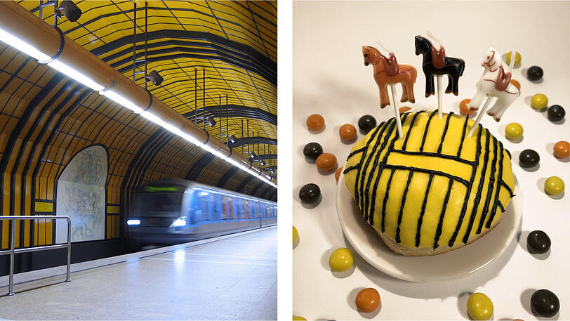 "Stichwort Trachtenfasching: Der Wiesn-Bahnhof darf auch nicht fehlen! Zuckergussschrift und quietschgelbes Fondant samt Karussellpferde-Kerzchen stellen den Bahnhof Theresienwiese dar."