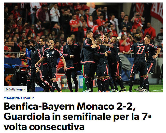 corrieredellosport.it (Spanien): "Benfica - Bayern München 2:2: Guardiola zum siebten Mal im Halbfinale"