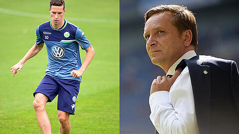 Schalke-Manager Horst Heldt (rechts) und Nationalspieler Julian Draxler, den es auf den letzten Transfer-Drücker zum VfL Wolfsburg zog.