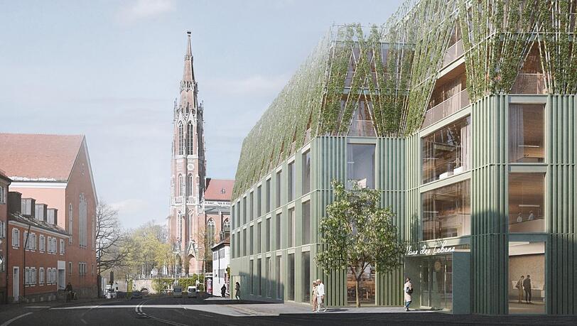 Lindgrüne Silhouette: So wird das neue Münchner Sterbe-Hospiz in Giesing aussehen. Im Hintergrund die Heilig-Kreuz-Kirche.