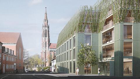 Lindgrüne Silhouette: So wird das neue Münchner Sterbe-Hospiz in Giesing aussehen. Im Hintergrund die Heilig-Kreuz-Kirche.
