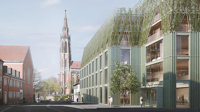 Lindgrüne Silhouette: So wird das neue Münchner Sterbe-Hospiz in Giesing aussehen. Im Hintergrund die Heilig-Kreuz-Kirche.