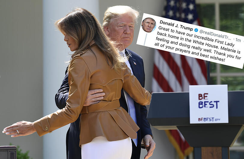 Willkommen daheim: Donald Trump freute sich via Twitter (kl. Bild) über die Rückkehr seiner Ehefrau - nicht ganz fehlerfrei.