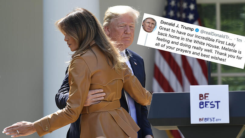 Willkommen daheim: Donald Trump freute sich via Twitter (kl. Bild) über die Rückkehr seiner Ehefrau - nicht ganz fehlerfrei. Willkommen daheim: Donald Trump freute sich via Twitter (kl. Bild) über die Rückkehr seiner Ehefrau - nicht ganz fehlerfrei.