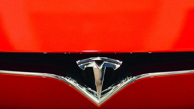 Das Logo der Marke Tesla, aufgenommen an einer Elektrolimousine Model S.