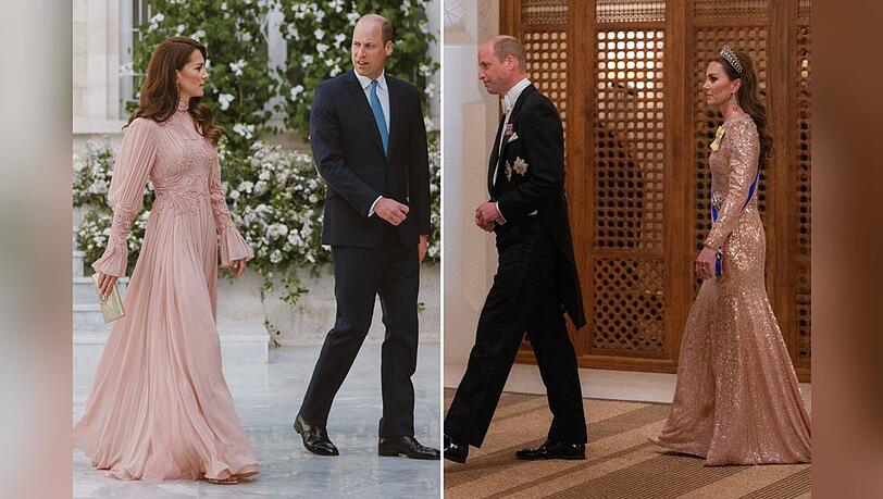 Zwei Wow-Auftritte legte das britische Thronfolgerpaar in Jordanien hin: Zur Hochzeitszeremonie trug Prinzessin Kate ein hochgeschlossenes Kleid, zum Staatsbankett erschien sie in einem Paillettenkleid mit Tiara. Zwei Wow-Auftritte legte das britische Thronfolgerpaar in Jordanien hin: Zur Hochzeitszeremonie trug Prinzessin Kate ein hochgeschlossenes Kleid, zum Staatsbankett erschien sie in einem Paillettenkleid mit Tiara.