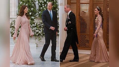 Zwei Wow-Auftritte legte das britische Thronfolgerpaar in Jordanien hin: Zur Hochzeitszeremonie trug Prinzessin Kate ein hochgeschlossenes Kleid, zum Staatsbankett erschien sie in einem Paillettenkleid mit Tiara.
