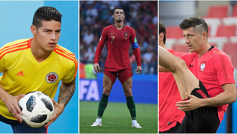 Experten vor dem gegnerischen Tor: Die Bayern-Profis James Rodríguez (l., Kolumbien) und Robert Lewandowski (r., Polen), die mit ihren Teams das WM-Turnier beginnen. In der Mitte: Portugals Cristiano Ronaldo, der im ersten Spiel gegen Spanien einen Hattrick erzielte. Experten vor dem gegnerischen Tor: Die Bayern-Profis James Rodríguez (l., Kolumbien) und Robert Lewandowski (r., Polen), die mit ihren Teams das WM-Turnier beginnen. In der Mitte: Portugals Cristiano Ronaldo, der im ersten Spiel gegen Spanien einen Hattrick erzielte.