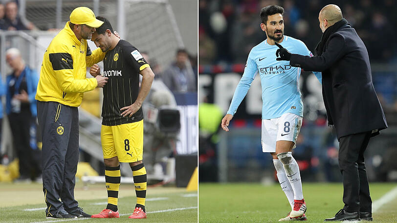 Nationalspieler Ilkay Gündogan bei Borussia Dortmund mit seinem damaligen Trainer Jürgen Klopp (jetzt FC Liverpool) - und aktuell als Schützling von Pep Guardiola bei Manchester City (rechts). T