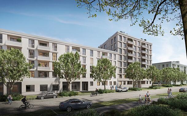 So soll es im Quartier einmal aussehen: Wohnzeile mit Bäumen in der Elly-Staegmeyr-Straße. So soll es im Quartier einmal aussehen: Wohnzeile mit Bäumen in der Elly-Staegmeyr-Straße.