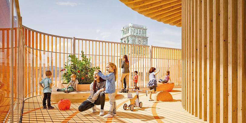 Eine "Himmelswiese" für die Kleinsten: Auf der Dachterrasse können sich die Kinder austoben.