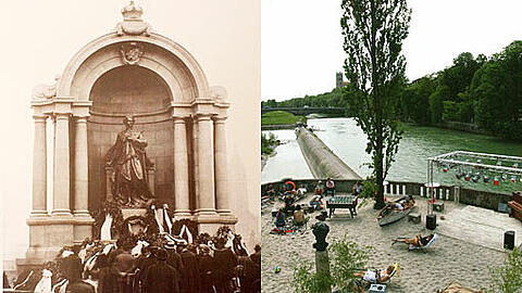 So soll's wieder werden: Das Kini-Denkmal (l.) stand bis 1942 auf dem großen Vorsprung der Corneliusbrücke (r.). Dann wurde es eingeschmolzen.