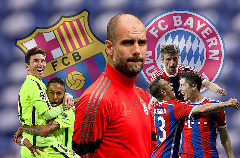 Pep Guardiola trifft im Halbfinale mit seinen Bayern um Rafinha, Müller und Lewandowski auf seinen Ex-Klub Barcelona mit den Superstars Neymar und Messi (l.).