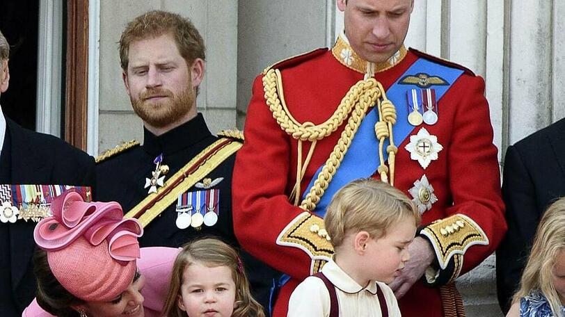 Prinz Harry (l.) mit seinem Bruder Prinz William, dessen Ehefrau Herzogin Kate und den Kindern Prinzessin Charlotte und Prinz George.
