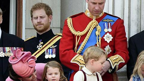Prinz Harry (l.) mit seinem Bruder Prinz William, dessen Ehefrau Herzogin Kate und den Kindern Prinzessin Charlotte und Prinz George.