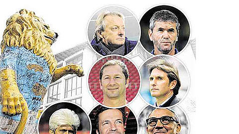 Den Löwen im Visier? Lorenz Köstner, Friedhelm Funkel (oben), Franco Foda, Bruno Labbadia (Mitte), Werner Lorant, Lothar Matthäus, Felix Magath (unten).