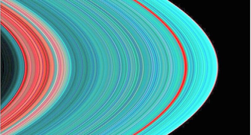 Die Ringe des Saturns, eingefangen vom "Ultraviolet Imaging Spectograph". Diese Teleskope können ultraviolettes Licht festhalten. Der Saturn besteht vor allem aus Wasserstoff und Helium, eine feste Oberfläche hat er nicht. Besonders auffällig: seine Ringe, die aus Eispartikeln bestehen (1610 von Galileo Galilei entdeckt).