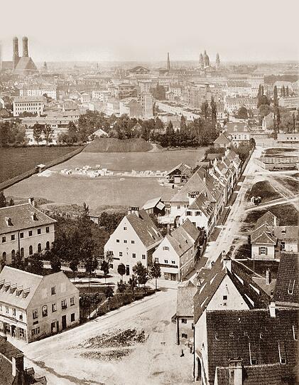 Die Praterstraße, heute Grütznerstraße, um 1857.
