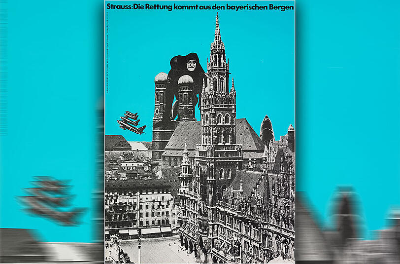 &bdquo;Kunst war für meinen Vater kein großes Thema&ldquo;. Dieses Bild war Teil der Ausstellung im Stadtmuseum, die auch Strauß&rsquo; Sohn Max besucht hat.
&bdquo;Die Rettung kommt aus den bayerischen Bergen&ldquo; heißt das Fotomontageplakat von Ernst Volland (Farboffsetdruck, 1974).