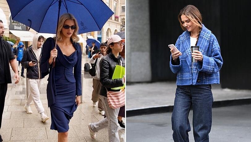 Kendall Jenner (links) in einem Kostüm in Navy Blau, während Katie Holmes (rechts) auf Navy Lite setzt. Kendall Jenner (links) in einem Kostüm in Navy Blau, während Katie Holmes (rechts) auf Navy Lite setzt.