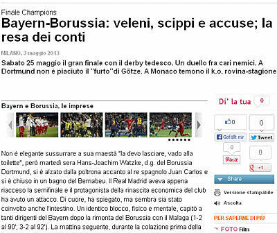 Die italienische &bdquo;Gazetta dello Sport&ldquo; titelt dramatisch: &bdquo;Bayern gegen Dortmund &ndash; der Tag der Abrechnung&ldquo;.
