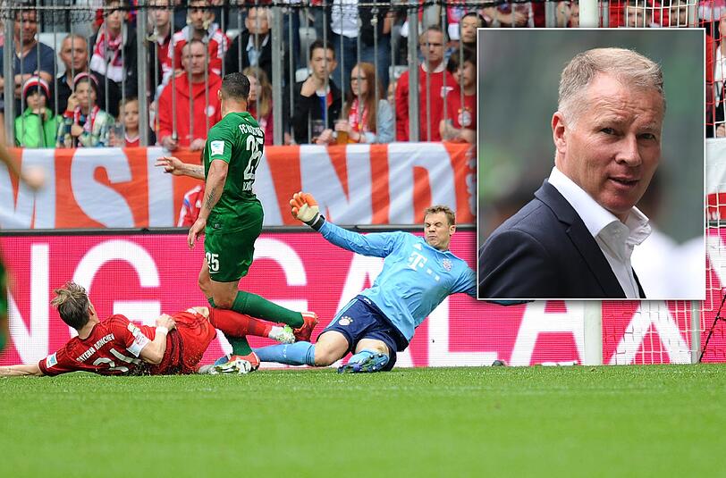 9. Mai 2015, Allianz Arena: Bobadilla schießt das 1:0 für Reuters Augsburg, es ist schon die zweite Pleite für Guardiola gegen den FCA.
