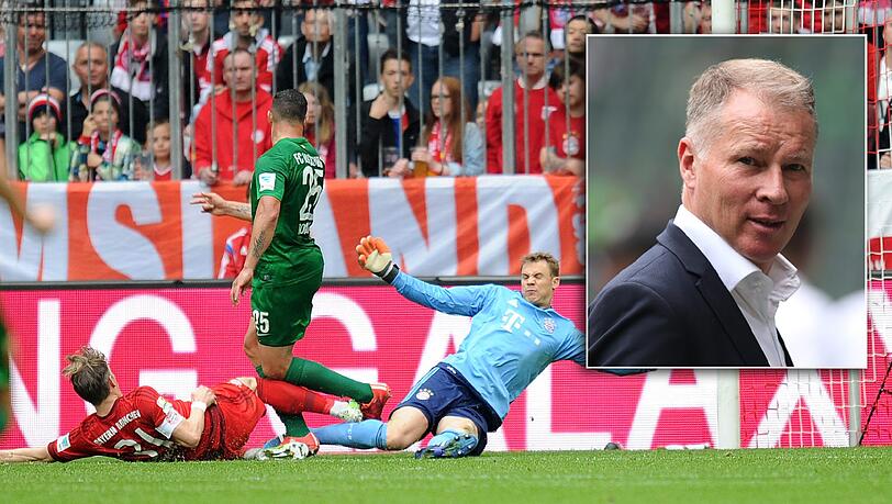 9. Mai 2015, Allianz Arena: Bobadilla schießt das 1:0 für Reuters Augsburg, es ist schon die zweite Pleite für Guardiola gegen den FCA. 9. Mai 2015, Allianz Arena: Bobadilla schießt das 1:0 für Reuters Augsburg, es ist schon die zweite Pleite für Guardiola gegen den FCA.