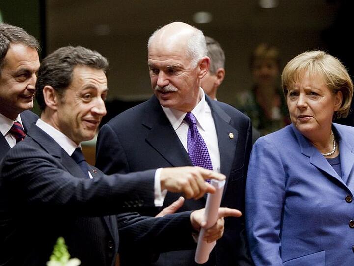José Luis Rodríguez Zapatero, Nicolas Sarkozy, Giorgos Papandreou und Angela Merkel.