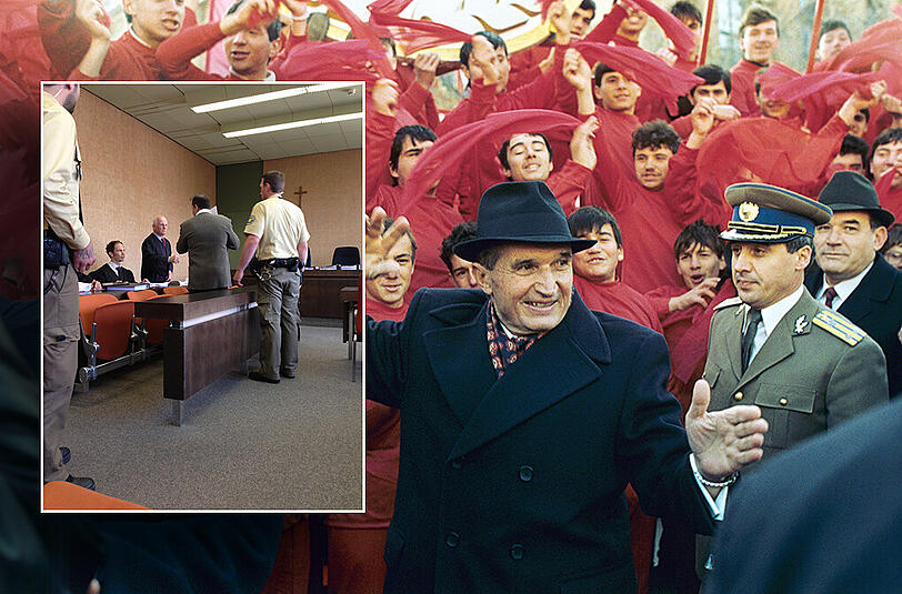 Nicolae Ceausescu (M.) 1989 beim Parteitag der kommunistischen Partei in Bukarest. Nur wenige Wochen später wird er gestürzt. Kleines Bild: Der Angeklagte (r.) mit seinem Verteidiger Wolfgang Kreuzer.