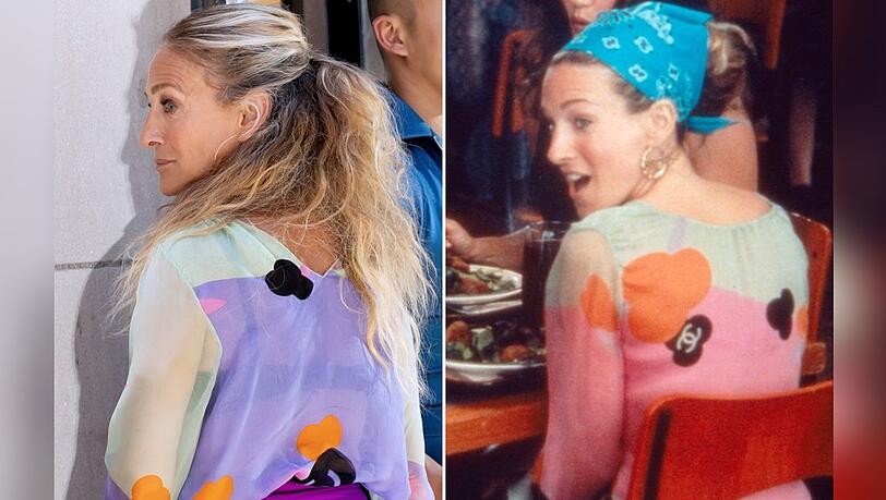 Sarah Jessica Parker recycelte für "And Just Like That..." 2024 (l.) einen Look von "Sex and the City" aus 2000 (r.). Sarah Jessica Parker recycelte für "And Just Like That..." 2024 (l.) einen Look von "Sex and the City" aus 2000 (r.).