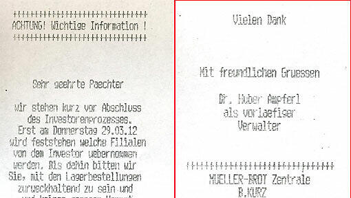 Eine Müller-Brot-Info an die Pächter. Eine Müller-Brot-Info an die Pächter.