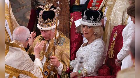 König Charles III. und Königin Camilla mit ihren Kronen.