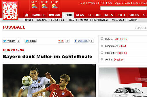 "Dank Müller im Achtelfinale", schreibt die Hamburger Mopo