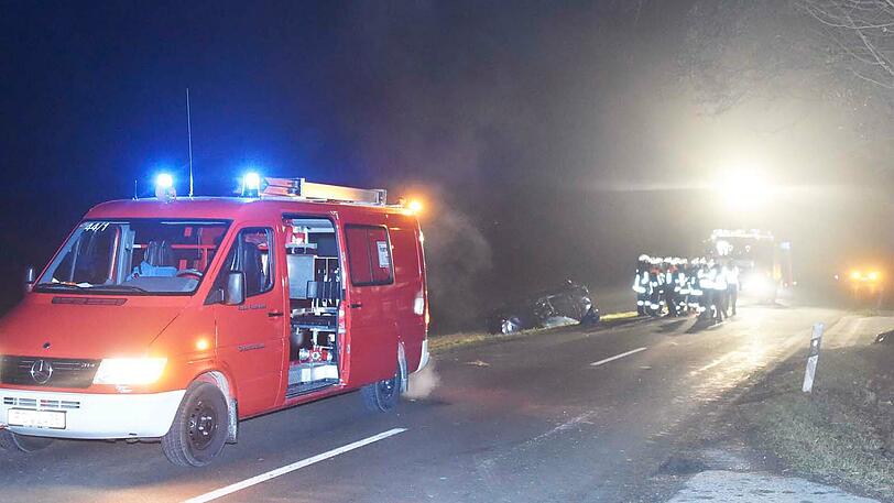 Bilder vom Verkehrsunfall in Giesebach: Das Auto prallte zunächst gegen einen Baum und überschlug sich anschließend.