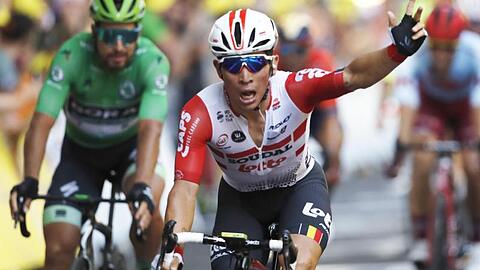 Caleb Ewan feiert seinen ersten Etappensieg bei einer Tour de France.