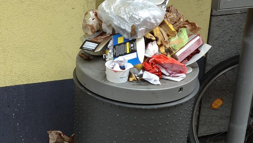 Milchtüten, Eierkartons, Joghurtbecher...hier hat eindeutig jemand seinen Hausmüll entsorgt. Der Abfalleimer quillt über. Milchtüten, Eierkartons, Joghurtbecher...hier hat eindeutig jemand seinen Hausmüll entsorgt. Der Abfalleimer quillt über.