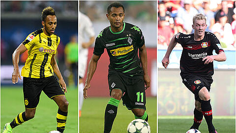 Pierre-Emerick Aubameyang (Borussia Dortmund, l.), Raffael (Borussia Mönchegladbach, M.) und Julian Brandt (Bayer Leverkusen) spielen am Mittwochabend allesamt in der Champions League.
