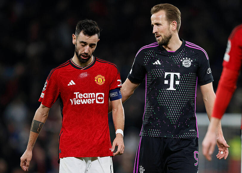 Wiedersehen in Old Trafford: Manchester United mit Kapitän Bruno Fernandes (l.) empfängt wie hier in der Saison 2023/24 den FC Bayern mit Stürmerstar Harry Kane. Wiedersehen in Old Trafford: Manchester United mit Kapitän Bruno Fernandes (l.) empfängt wie hier in der Saison 2023/24 den FC Bayern mit Stürmerstar Harry Kane.