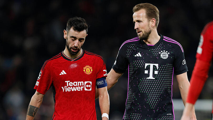 Wiedersehen in Old Trafford: Manchester United mit Kapitän Bruno Fernandes (l.) empfängt wie hier in der Saison 2023/24 den FC Bayern mit Stürmerstar Harry Kane. Wiedersehen in Old Trafford: Manchester United mit Kapitän Bruno Fernandes (l.) empfängt wie hier in der Saison 2023/24 den FC Bayern mit Stürmerstar Harry Kane.
