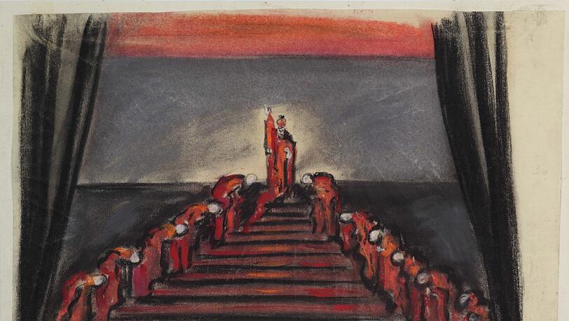 Eine der Treppen von Leopold Jessner und Emil Pirchan, hier für eine Inszenierung von Shakespeares &bdquo;Richard III.&ldquo; mit Fritz Kortner in der Titelrolle.