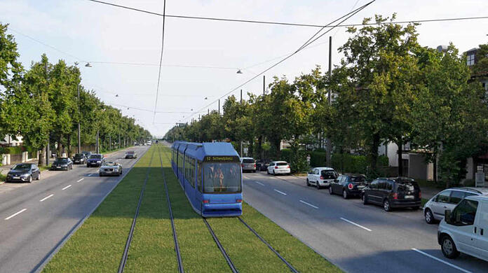 So könnte sie aussehen: die Tram-Westtangente an der Fürstenrieder Straße auf einem Rasengleis.