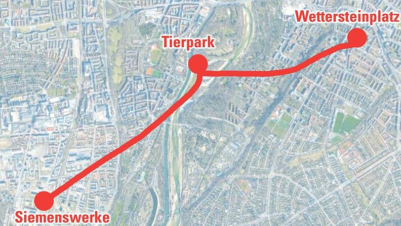 So soll die Trasse laufen: unterirdisch zwischen Siemenswerken und Wettersteinplatz. So soll die Trasse laufen: unterirdisch zwischen Siemenswerken und Wettersteinplatz.